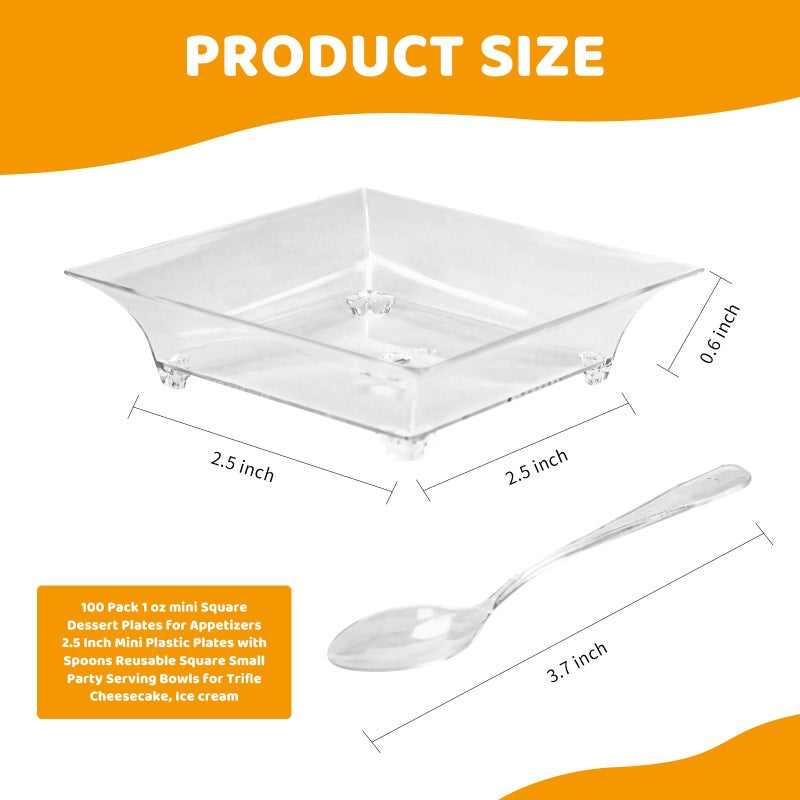 piopiocoing 100 Pack 1 oz mini Square Dessert Plates for Appetizersï¼ŒMini Plastic Plates with Spoonsï¼ŒReusable Square Small Party Serving Bowls for Trifle, Cheesecake, Ice cream - Image 2