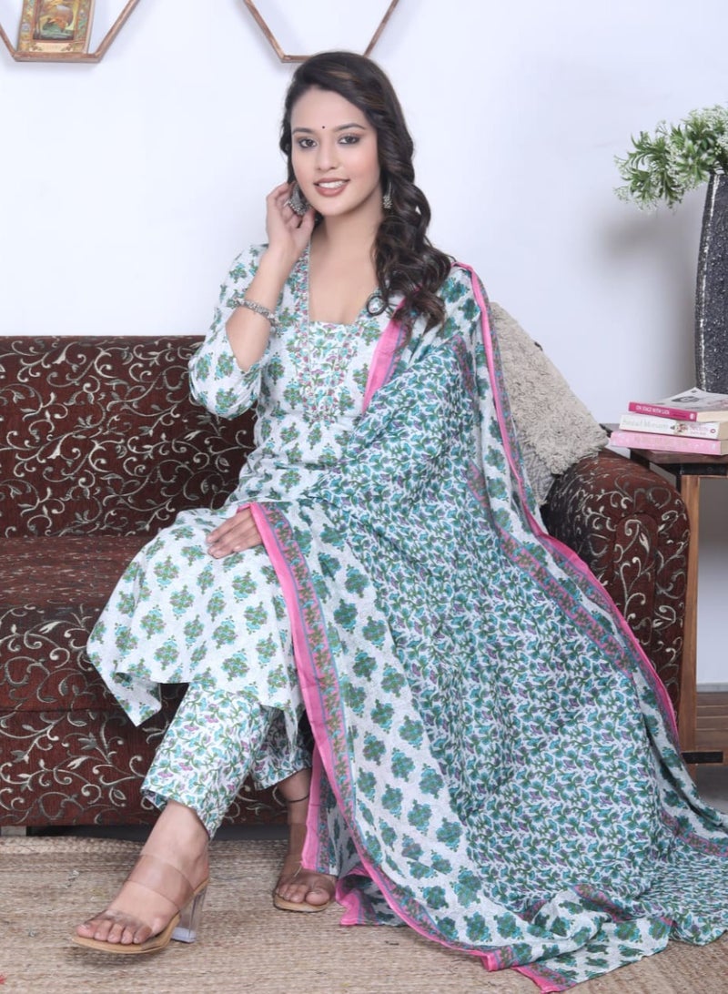 PRIYA’S PANACHE Two Directional Print Cotton Kurti Pant Dupatta Set Ethnic Wear for Women.  - Image 1