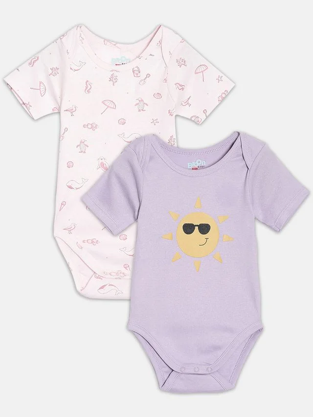 Broon Broon Infant Girls Light PInk and Purple Printed Pure Organic Cotton Bodysuit Pack of 2