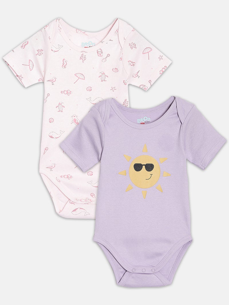 Broon Infant Girls Light PInk and Purple Printed Pure Organic Cotton Bodysuit Pack of 2 - Image 1