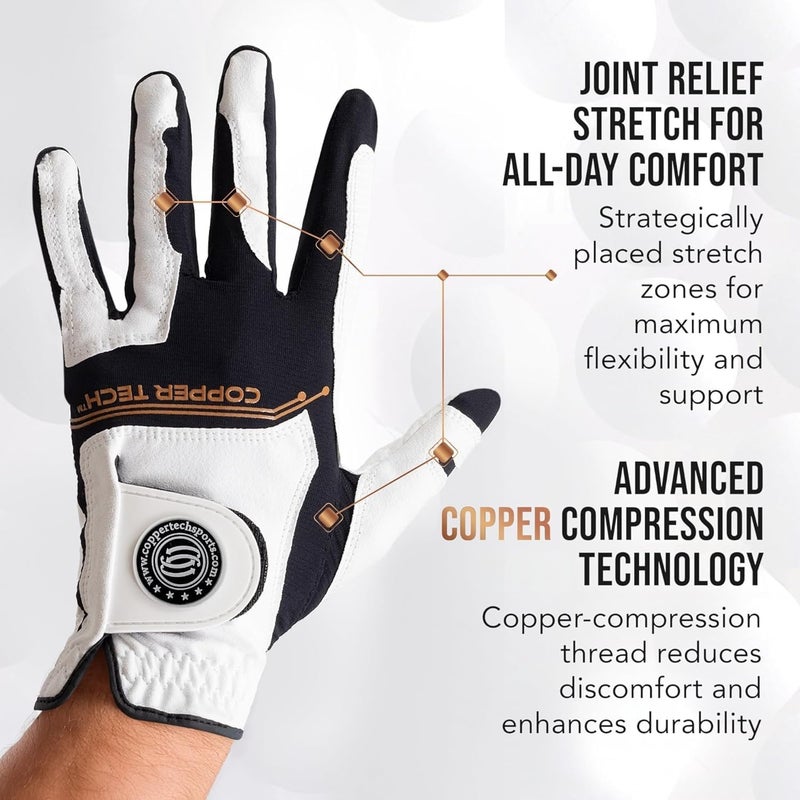 Copper Tech Golf Gloves Men Right Handed Golfer Or Left Handed Golfer (2 Pack)| Copper Compression Joint Support | Flexible & Comfortable Fit with Premium Leather | Tacky Reinforced Palm Pad With Grip - Image 2