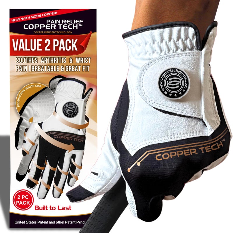 Copper Tech Golf Gloves Men Right Handed Golfer Or Left Handed Golfer (2 Pack)| Copper Compression Joint Support | Flexible & Comfortable Fit with Premium Leather | Tacky Reinforced Palm Pad With Grip - Image 1