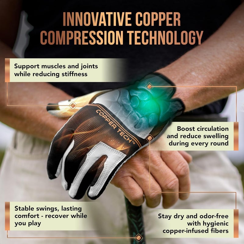 Copper Tech Golf Gloves Men Right Handed Golfer Or Left Handed Golfer (2 Pack)| Copper Compression Joint Support | Flexible & Comfortable Fit with Premium Leather | Tacky Reinforced Palm Pad With Grip - Image 4