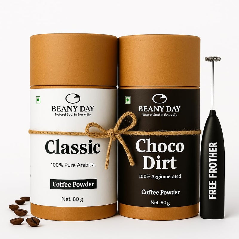 Beany Day Free Frother | Beany Day Instant Coffee Duo - Choco Mocha Dirt (100% Agglomerated) & Classic 100% Pure Arabica (80g x 2) | No Chicory | Strong Caf√©-Like Taste at Home - Image 1