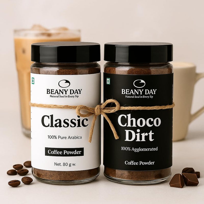 Beany Day Free Frother | Beany Day Instant Coffee Duo - Choco Mocha Dirt (100% Agglomerated) & Classic 100% Pure Arabica (80g x 2) | No Chicory | Strong Caf√©-Like Taste at Home - Image 2