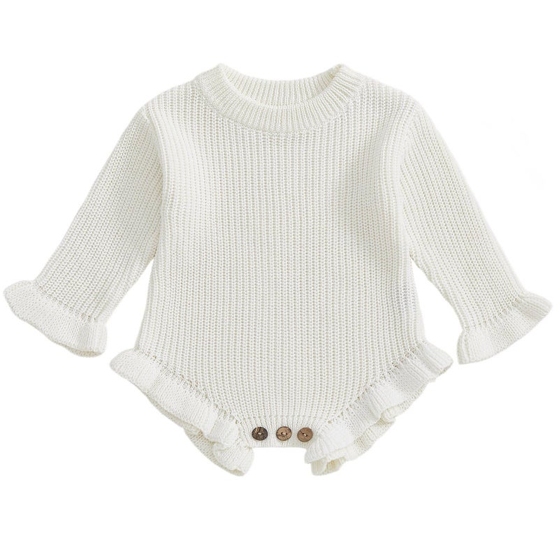 Mubineo Baby Girl Fall Winter Clothes Basic Plain Cute Sweater Romper Outfit Pullover Ruffle Long Sleeve Newborn Outfits (Cream White, 0-3 Months) - Image 1