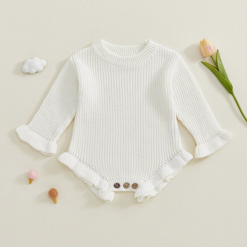 Mubineo Baby Girl Fall Winter Clothes Basic Plain Cute Sweater Romper Outfit Pullover Ruffle Long Sleeve Newborn Outfits (Cream White, 0-3 Months) - Image 2
