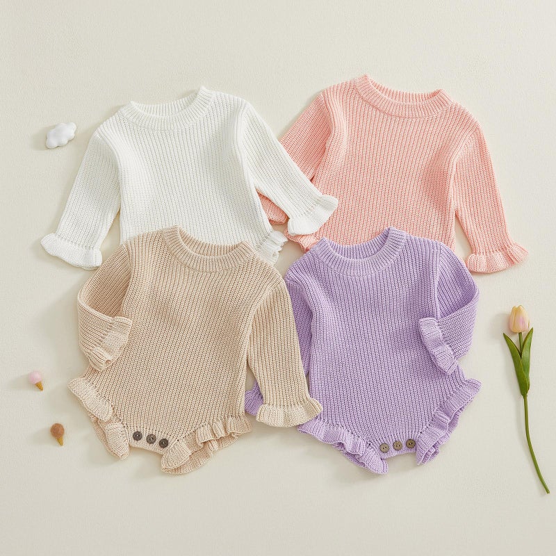 Mubineo Baby Girl Fall Winter Clothes Basic Plain Cute Sweater Romper Outfit Pullover Ruffle Long Sleeve Newborn Outfits (Cream White, 0-3 Months) - Image 3