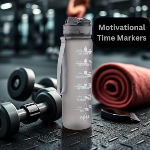 FOLELLO 1L Tritan Water Bottle with Motivational Time Marker | Leakproof Sipper Bottle for Gym, Office, and Travel | Non-Toxic, BPA-Free Water Bottles with Hydration Reminder App | Stylish Grey - Image 5
