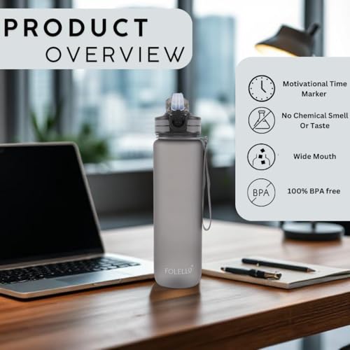 FOLELLO 1L Tritan Water Bottle with Motivational Time Marker | Leakproof Sipper Bottle for Gym, Office, and Travel | Non-Toxic, BPA-Free Water Bottles with Hydration Reminder App | Stylish Grey - Image 3