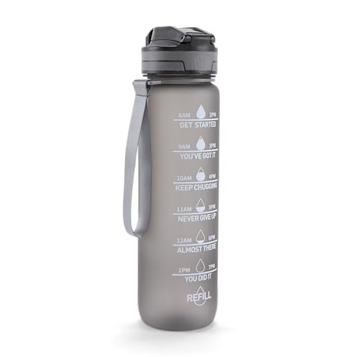 FOLELLO 1L Tritan Water Bottle with Motivational Time Marker | Leakproof Sipper Bottle for Gym, Office, and Travel | Non-Toxic, BPA-Free Water Bottles with Hydration Reminder App | Stylish Grey - Image 1