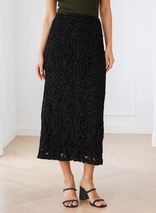 Iconic Sequin Embellished Lace Detail Pencil Skirt with Zip Closure