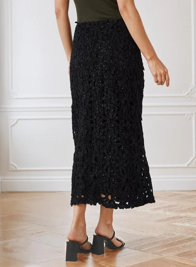 Iconic  Iconic Sequin Embellished Lace Detail Pencil Skirt with Zip Closure for Women | Best Price UAE