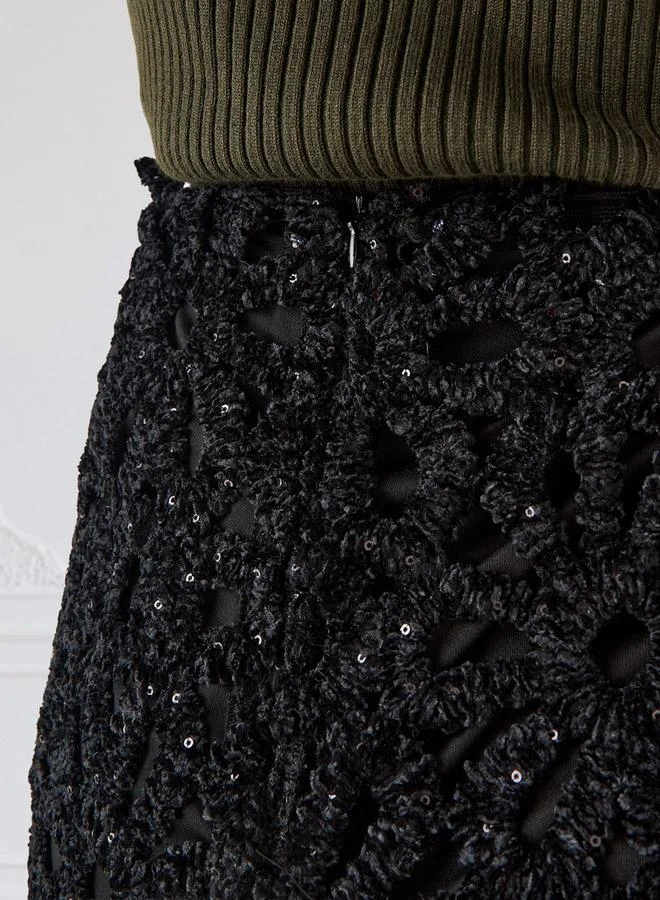 Iconic  Iconic Sequin Embellished Lace Detail Pencil Skirt with Zip Closure for Women | Best Price UAE