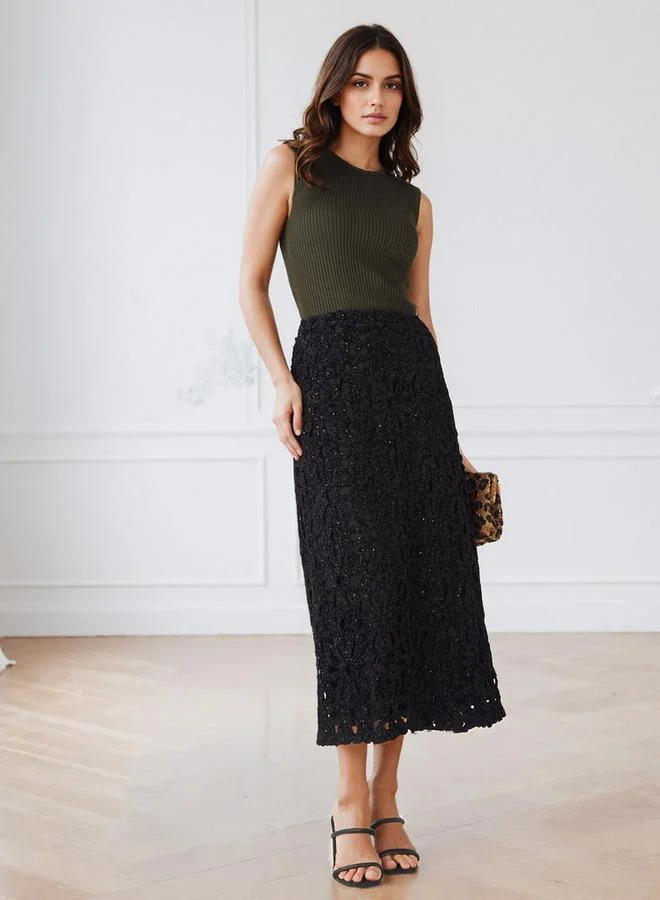Iconic  Iconic Sequin Embellished Lace Detail Pencil Skirt with Zip Closure for Women | Best Price UAE
