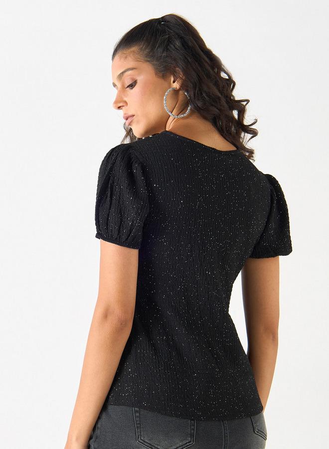 تواكستريمز بلوزة بارزة الملمس وياقة برباط وأكمام قصيرة من تو إكستريمز - Image 3