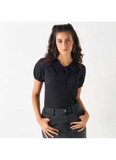 2Xtremz 2Xtremz Textured Top with Tie-Up Neck and Short Sleeves  - Image 1