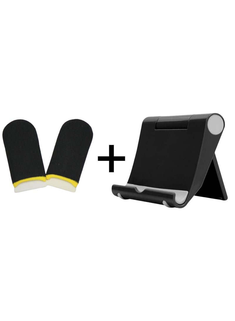A COMBO of ONE PAIR (2 Pieces) of  Finger Sleeves for Sweat Proof Mobile & Console Gaming, Friction-less PUBG finger Sleeves for all touch screens, Stabiliser & Protector for thumb sleeves gaming & Desk Phone Holder, Folding Mobile Phone Holder, Multi-Angle, Universal Desk Stand for All Mobile Phones  - Image 1