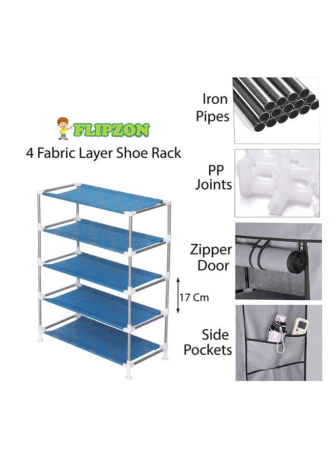 FLIPZON Multipurpose 4-Tiers Shoe Rack with Dustproof Zip Cover, Multiuse Wide Space Storage Rack Made by Non Woven Fabric for Footwear, Toys, Clothes (4 Shelves) (Blue Flower) - Image 3