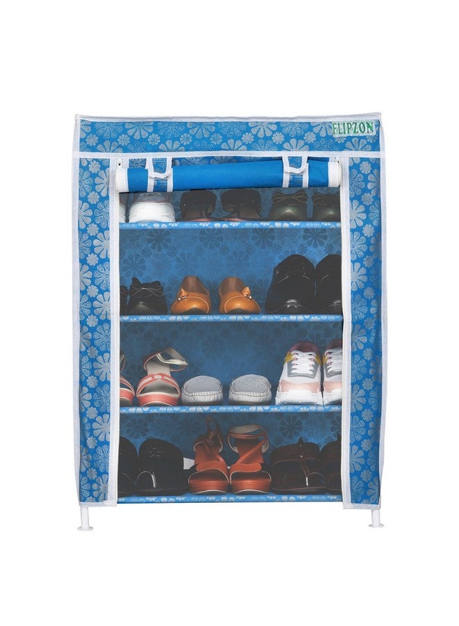 FLIPZON Multipurpose 4-Tiers Shoe Rack with Dustproof Zip Cover, Multiuse Wide Space Storage Rack Made by Non Woven Fabric for Footwear, Toys, Clothes (4 Shelves) (Blue Flower) - Image 1
