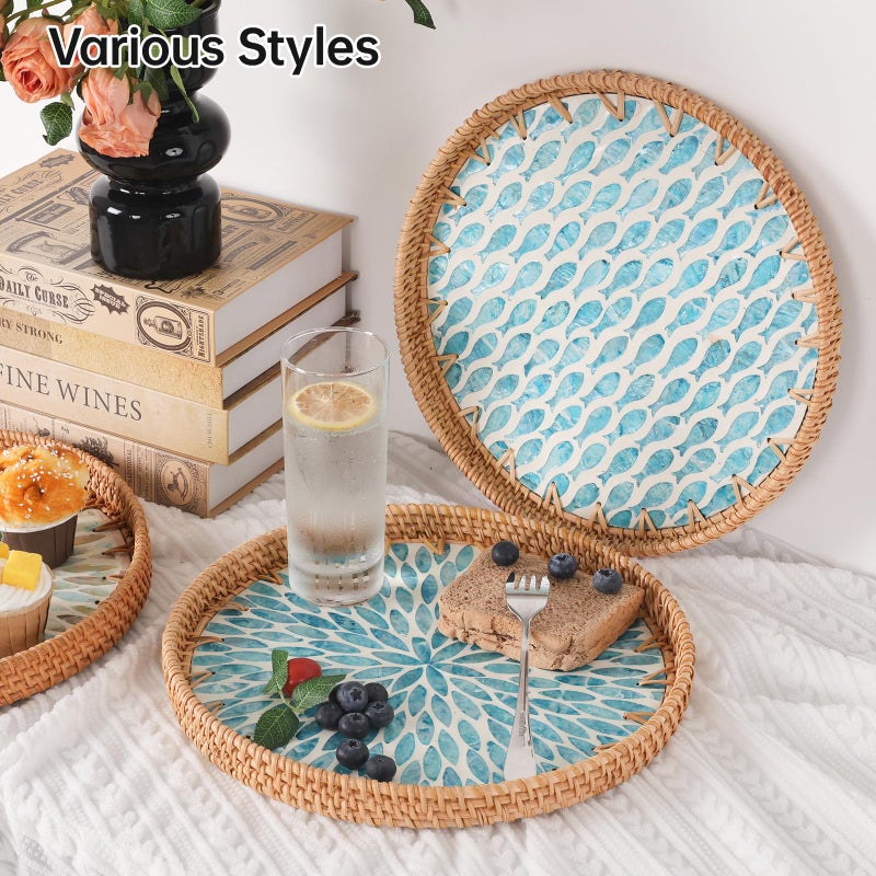 Tynulox Round Rattan Tray with Mother of Pearl Inlay, Rattan Serving Tray for Coffee, Bread, Fruits, Decorative Wicker Tray for Table Decor, Home Decor, Kitchen Island Decor (Turquoise Leaf, 11.8") - Image 3