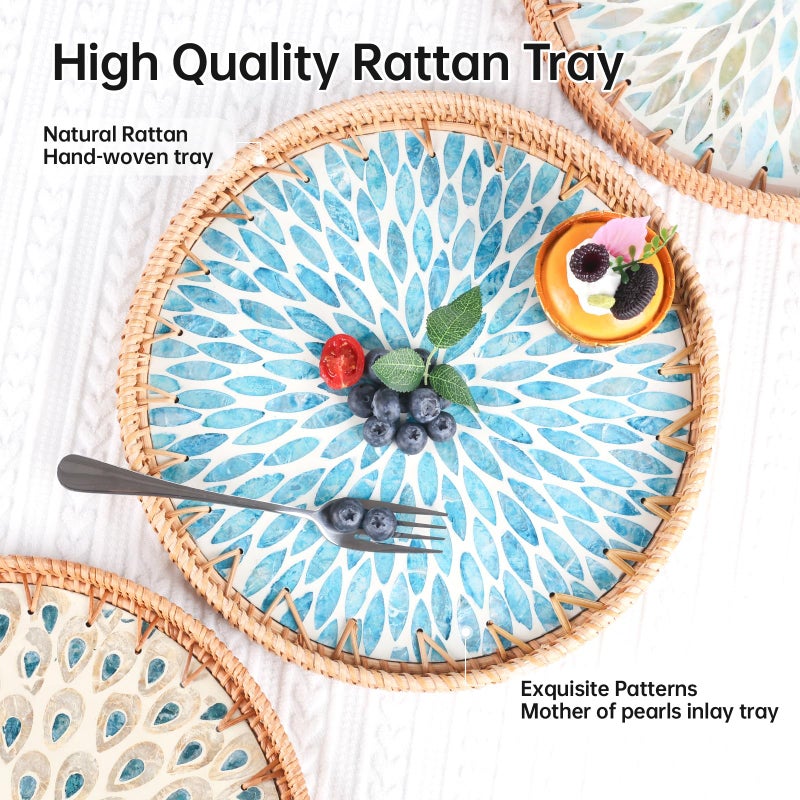 Tynulox Round Rattan Tray with Mother of Pearl Inlay, Rattan Serving Tray for Coffee, Bread, Fruits, Decorative Wicker Tray for Table Decor, Home Decor, Kitchen Island Decor (Turquoise Leaf, 11.8") - Image 4