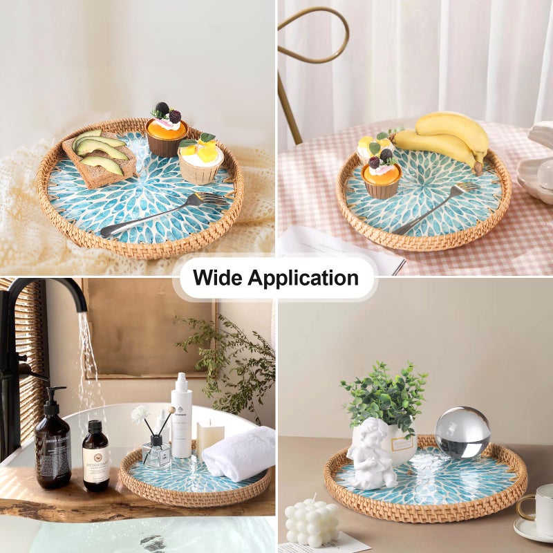 Tynulox Round Rattan Tray with Mother of Pearl Inlay, Rattan Serving Tray for Coffee, Bread, Fruits, Decorative Wicker Tray for Table Decor, Home Decor, Kitchen Island Decor (Turquoise Leaf, 11.8") - Image 2