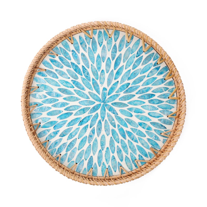 Tynulox Round Rattan Tray with Mother of Pearl Inlay, Rattan Serving Tray for Coffee, Bread, Fruits, Decorative Wicker Tray for Table Decor, Home Decor, Kitchen Island Decor (Turquoise Leaf, 11.8") - Image 1