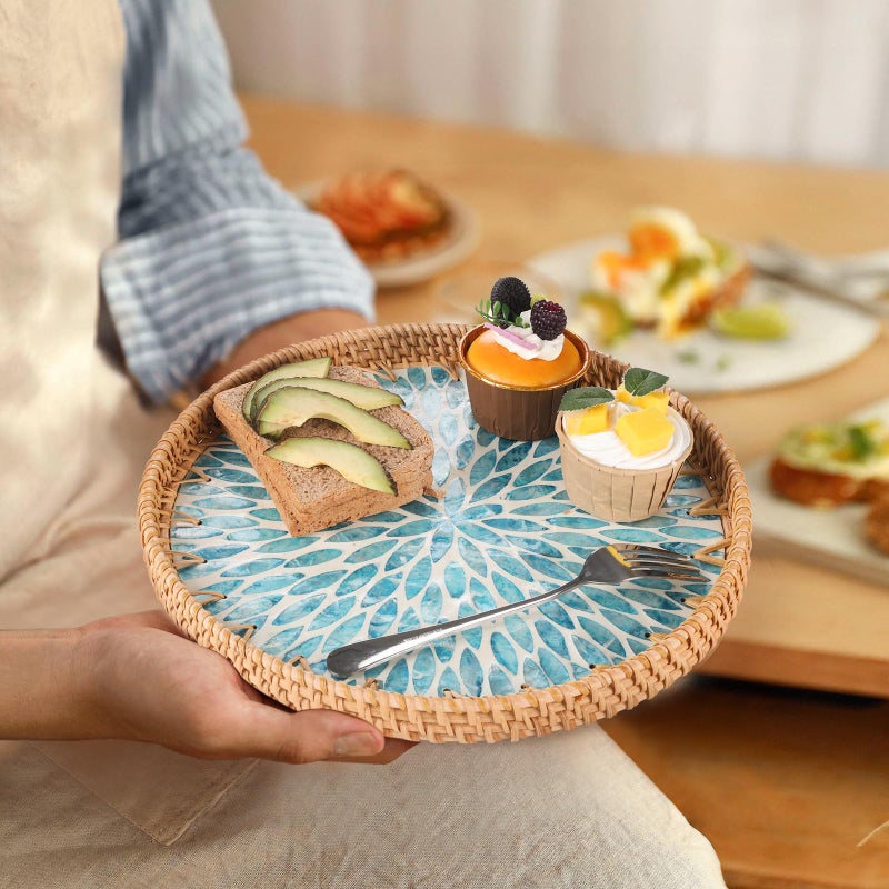 Tynulox Round Rattan Tray with Mother of Pearl Inlay, Rattan Serving Tray for Coffee, Bread, Fruits, Decorative Wicker Tray for Table Decor, Home Decor, Kitchen Island Decor (Turquoise Leaf, 11.8") - Image 5