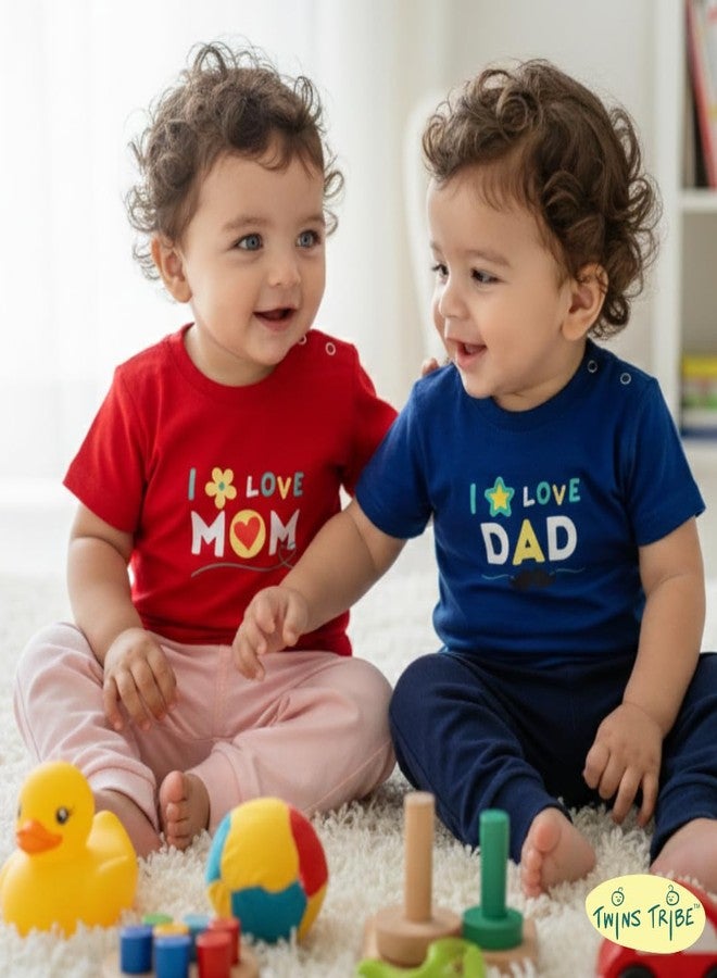 TwinsTribe Twins Tees Set – I Love Mom · I Love Dad | Premium Cotton | Snap Button Shoulder | Twins Gift Ideas | Twins Dress Clothes Outfit Set (2 Tees, 0-6 Months) - Image 2