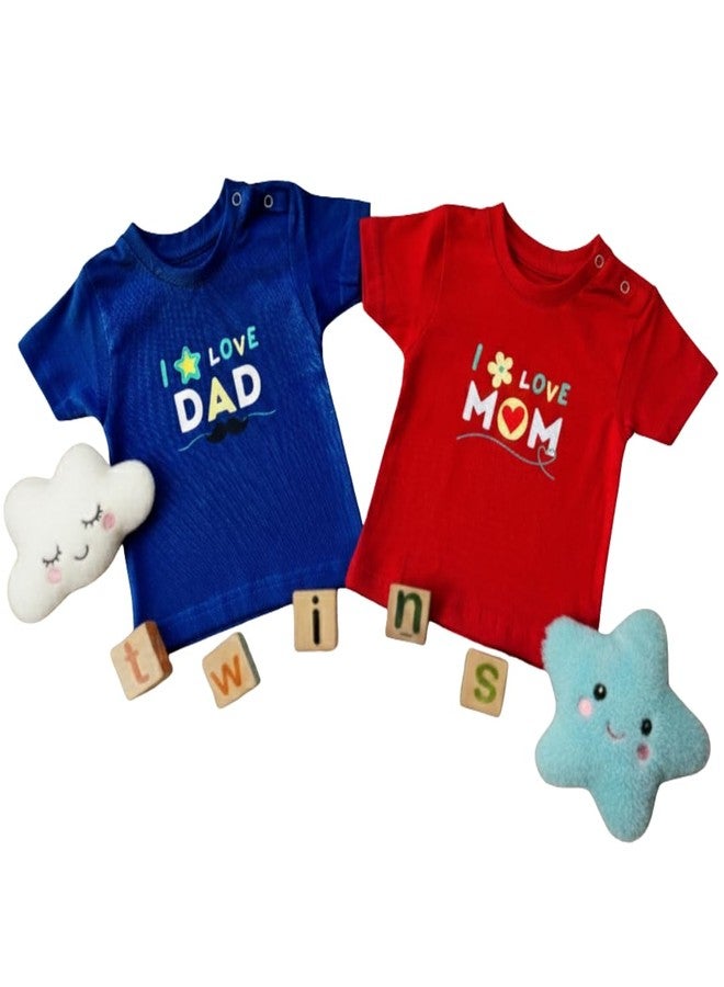 TwinsTribe Twins Tees Set – I Love Mom · I Love Dad | Premium Cotton | Snap Button Shoulder | Twins Gift Ideas | Twins Dress Clothes Outfit Set (2 Tees, 0-6 Months) - Image 1