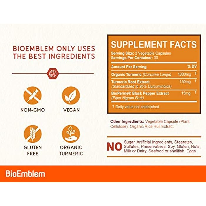 BioEmblem Turmeric Curcumin Supplement with BioPerine | Joint Support & Heart Health | with Organic Turmeric Powder & 95% Curcuminoids Extract | California Made, Non-GMO, 60-Day Supply - Image 3