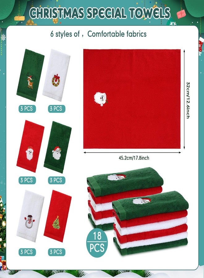 Macarrie 18 Pieces Christmas Hand Towels for Bathroom Kitchen - Embroidered Santa, Reindeer, Snowman, Tree Dish Towels - Soft Green, Red, White Fabric Decorative Towels Gift Set - Image 2