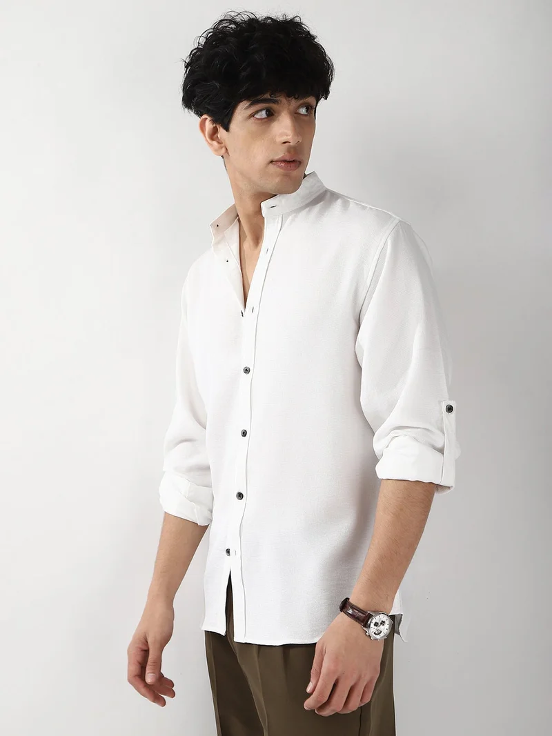 Urbano Fashion  Urbano Fashion Men's White Linen Blend Full Sleeve Relaxed Fit Mandarin Collar Casual Solid Shirt for Men | Best Price UAE