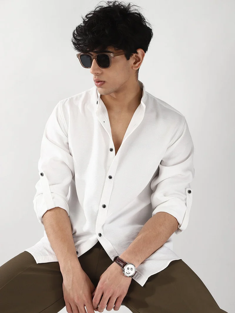 Urbano Fashion  Urbano Fashion Men's White Linen Blend Full Sleeve Relaxed Fit Mandarin Collar Casual Solid Shirt for Men | Best Price UAE