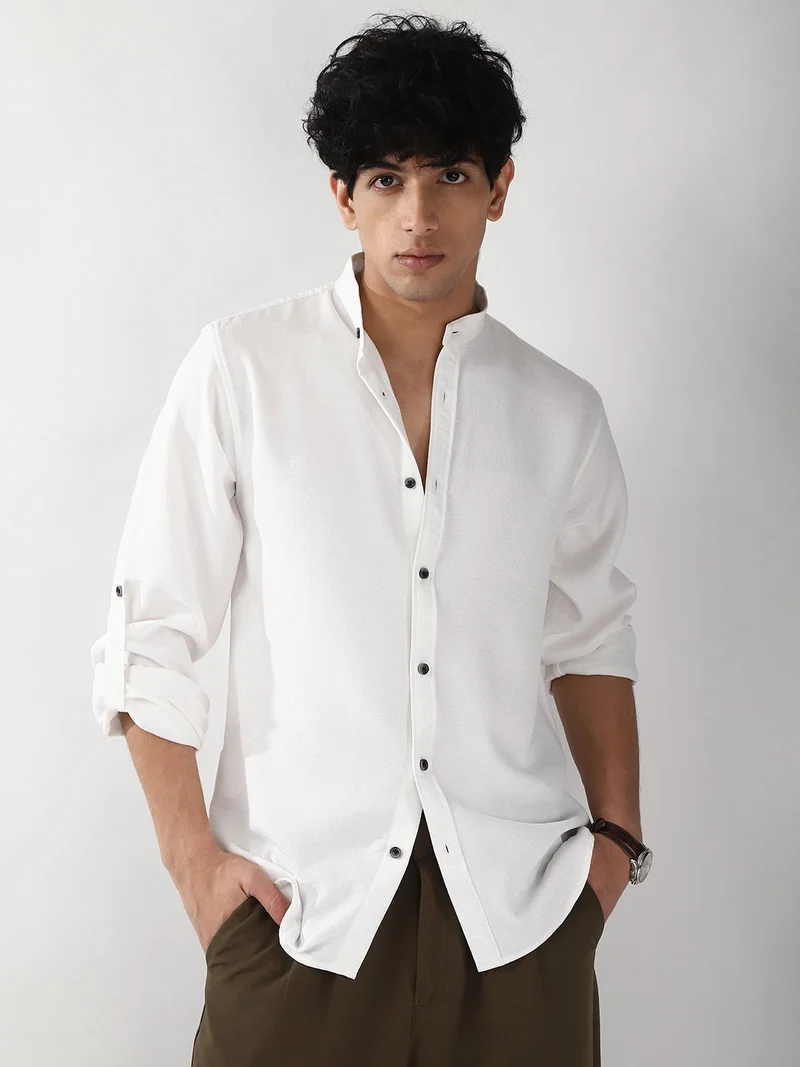 Urbano Fashion Men's White Linen Blend Full Sleeve Relaxed Fit Mandarin Collar Casual Solid Shirt