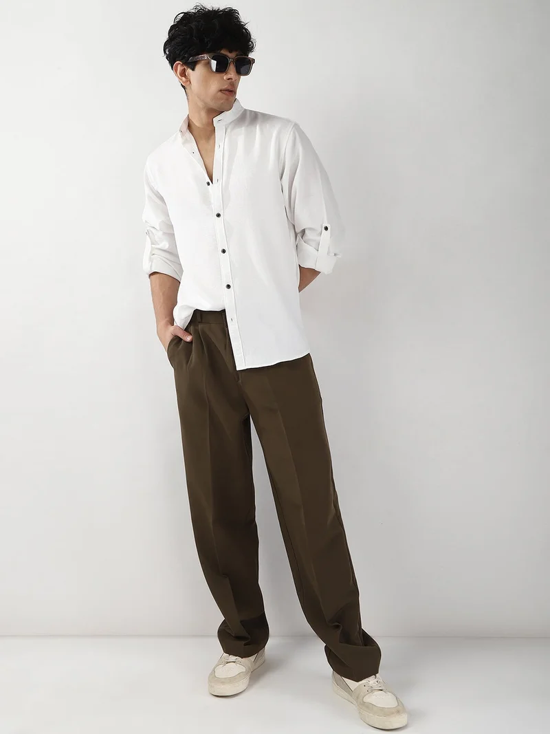Urbano Fashion  Urbano Fashion Men's White Linen Blend Full Sleeve Relaxed Fit Mandarin Collar Casual Solid Shirt for Men | Best Price UAE
