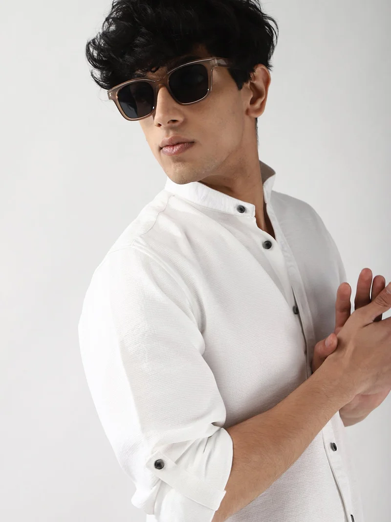 Urbano Fashion  Urbano Fashion Men's White Linen Blend Full Sleeve Relaxed Fit Mandarin Collar Casual Solid Shirt for Men | Best Price UAE