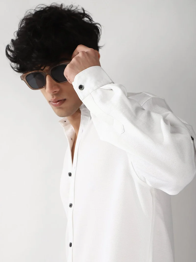 Urbano Fashion  Urbano Fashion Men's White Linen Blend Full Sleeve Relaxed Fit Mandarin Collar Casual Solid Shirt for Men | Best Price UAE