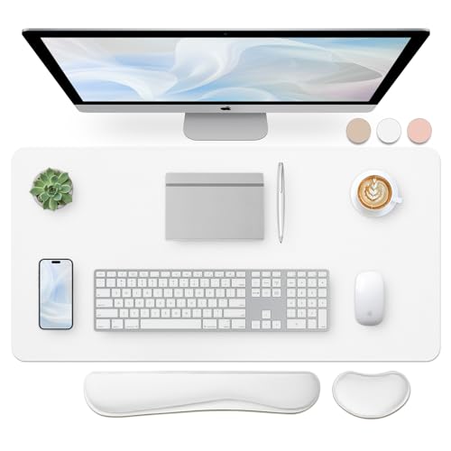 Bloss Leather Desk Pad and Keyboard Wrist Rest, Large Mouse Pad + Keyboard Pad+Mouse Wrist Support, Non-Slip Desk Mat Protector for Office, Home(31.5×15.7 Inches,White) - Image 1