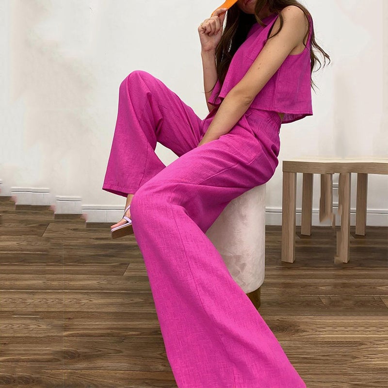 2023 Summer Solid Sleeveless Top  Pants Set Women Rose  - Image 1