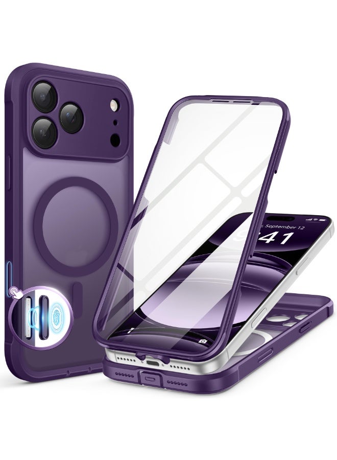 بيرفي غطاء لهاتف آيفون 17 برو ماكس، متوافق مع ماج سيف، مزود بزجاج مقوى مدمج 9H لحماية الشاشة وعدسات الكاميرا، غطاء حماية كامل للجسم ضد الصدمات بتصميم غير لامع لهاتف آيفون 17 برو ماكس مقاس 6.9 بوصة، باللون الأرجواني الداكن - Image 1