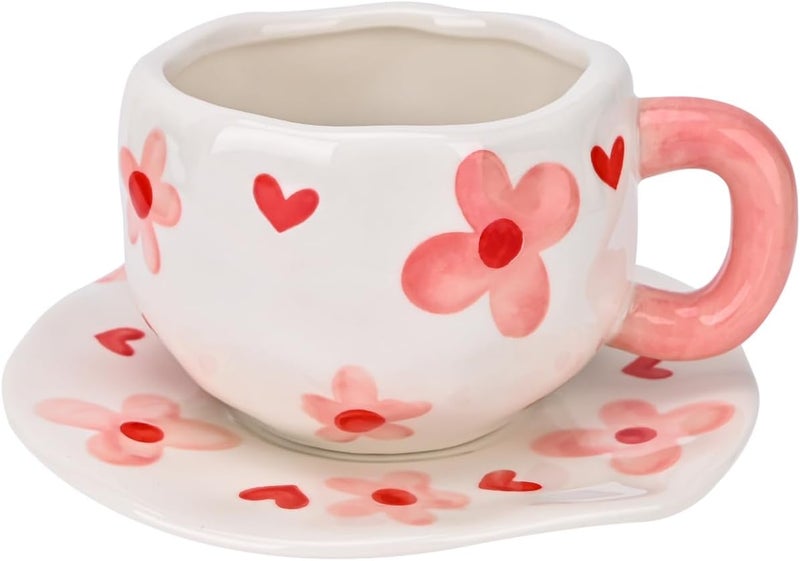 Koythin Ceramic Coffee Mug with Saucer Set, Cute Creative Pink Flower Cup Unique Irregular Design for Office and Home, 10 oz/300 ml for Latte Tea Milk - Image 1