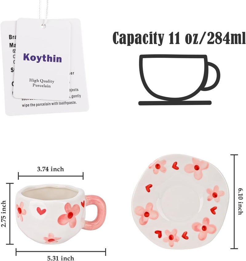 Koythin Ceramic Coffee Mug with Saucer Set, Cute Creative Pink Flower Cup Unique Irregular Design for Office and Home, 10 oz/300 ml for Latte Tea Milk - Image 2