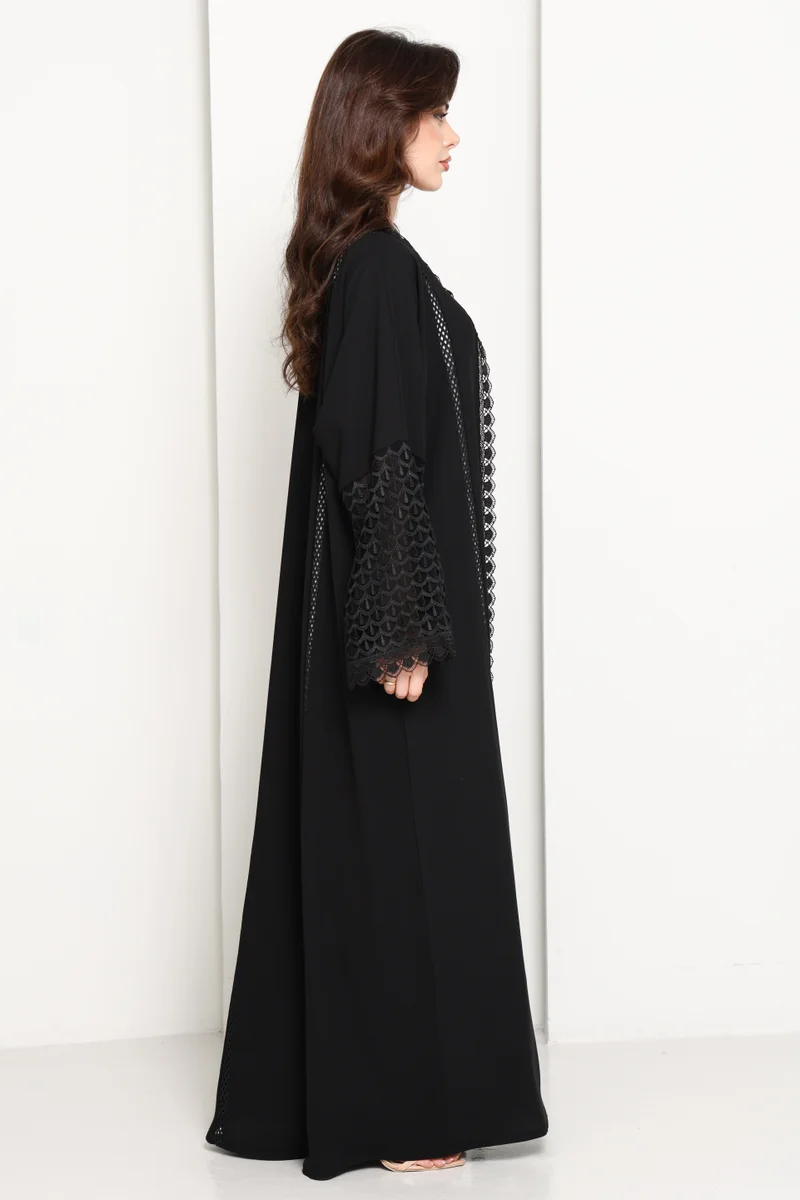 MSquare Fashion Black Open Abaya with Lace Sleeves & Front Panel