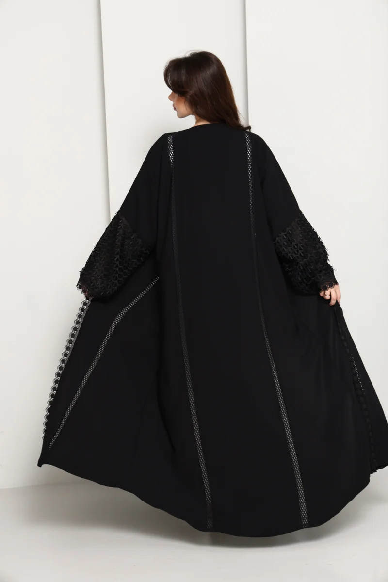 MSquare Fashion  Black Open Abaya with Lace Sleeves & Front Panel for Women | Best Price UAE