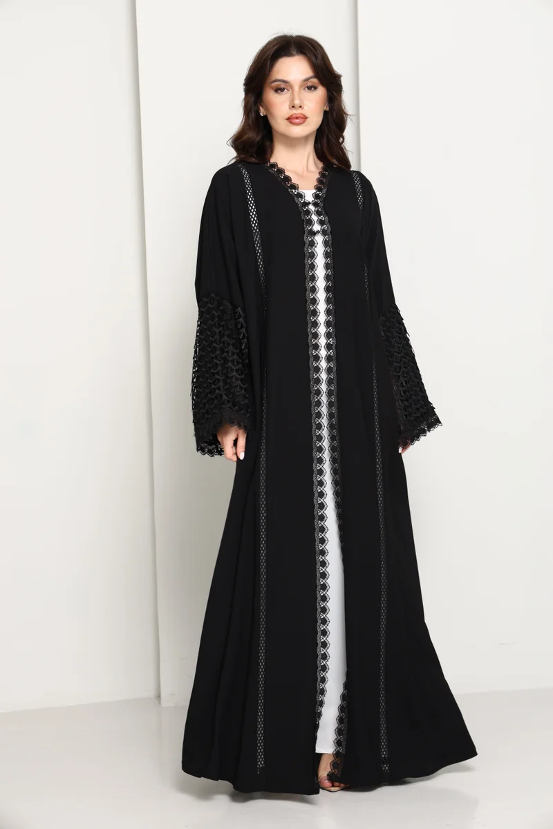 MSquare Fashion  Black Open Abaya with Lace Sleeves & Front Panel for Women | Best Price UAE