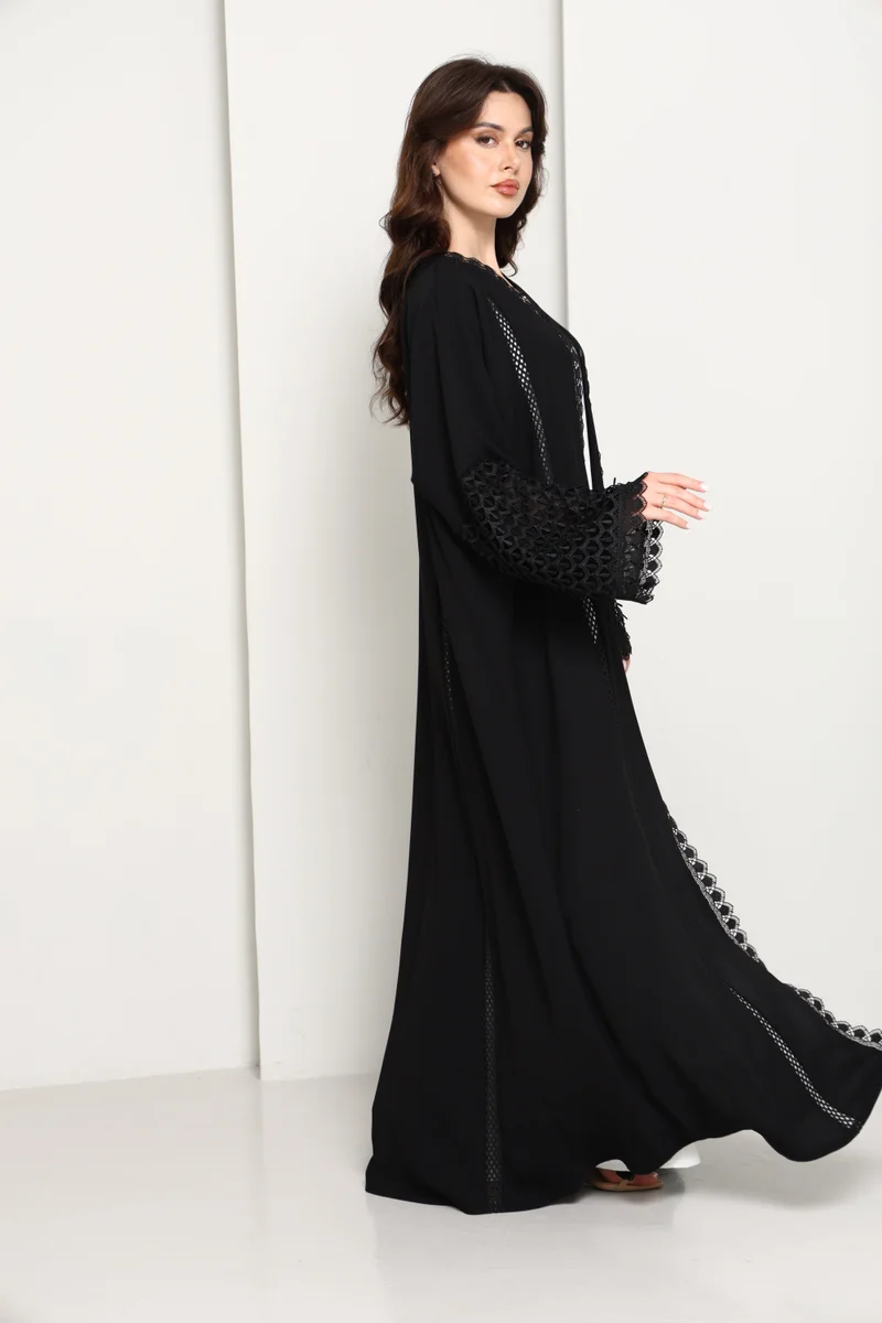 MSquare Fashion  Black Open Abaya with Lace Sleeves & Front Panel for Women | Best Price UAE