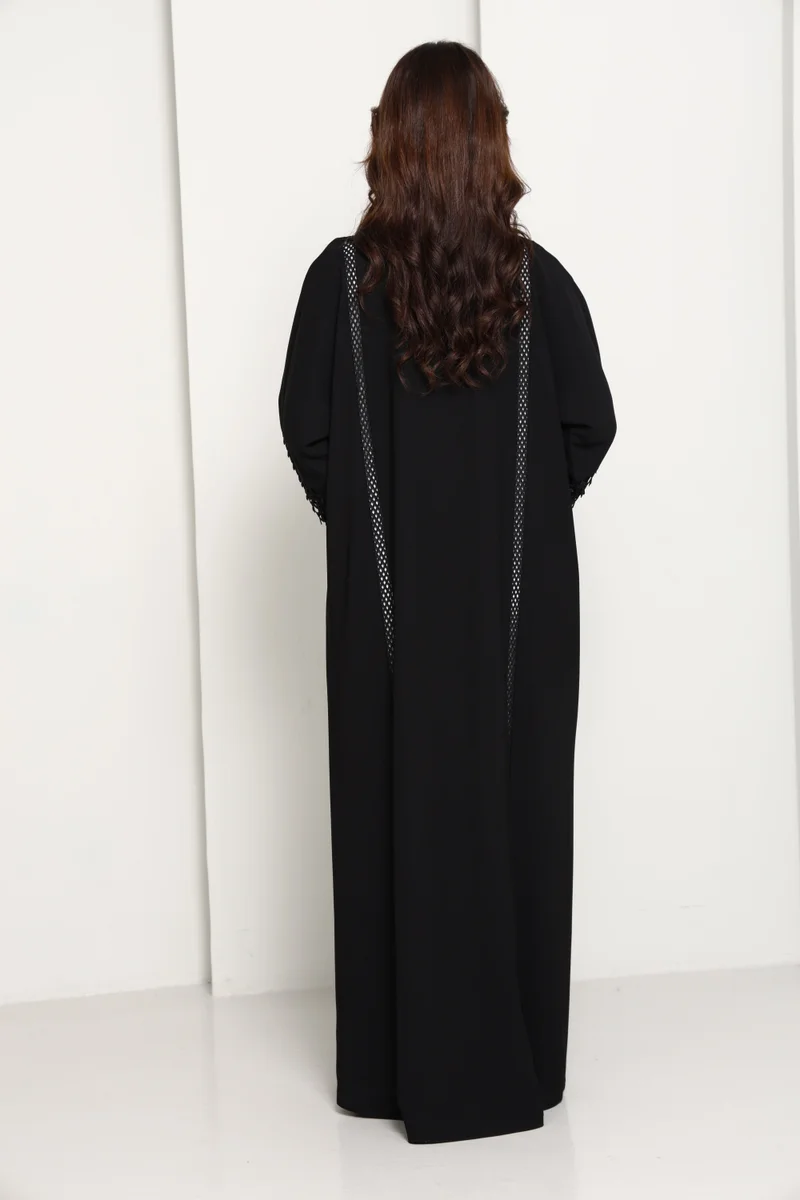 MSquare Fashion  Black Open Abaya with Lace Sleeves & Front Panel for Women | Best Price UAE