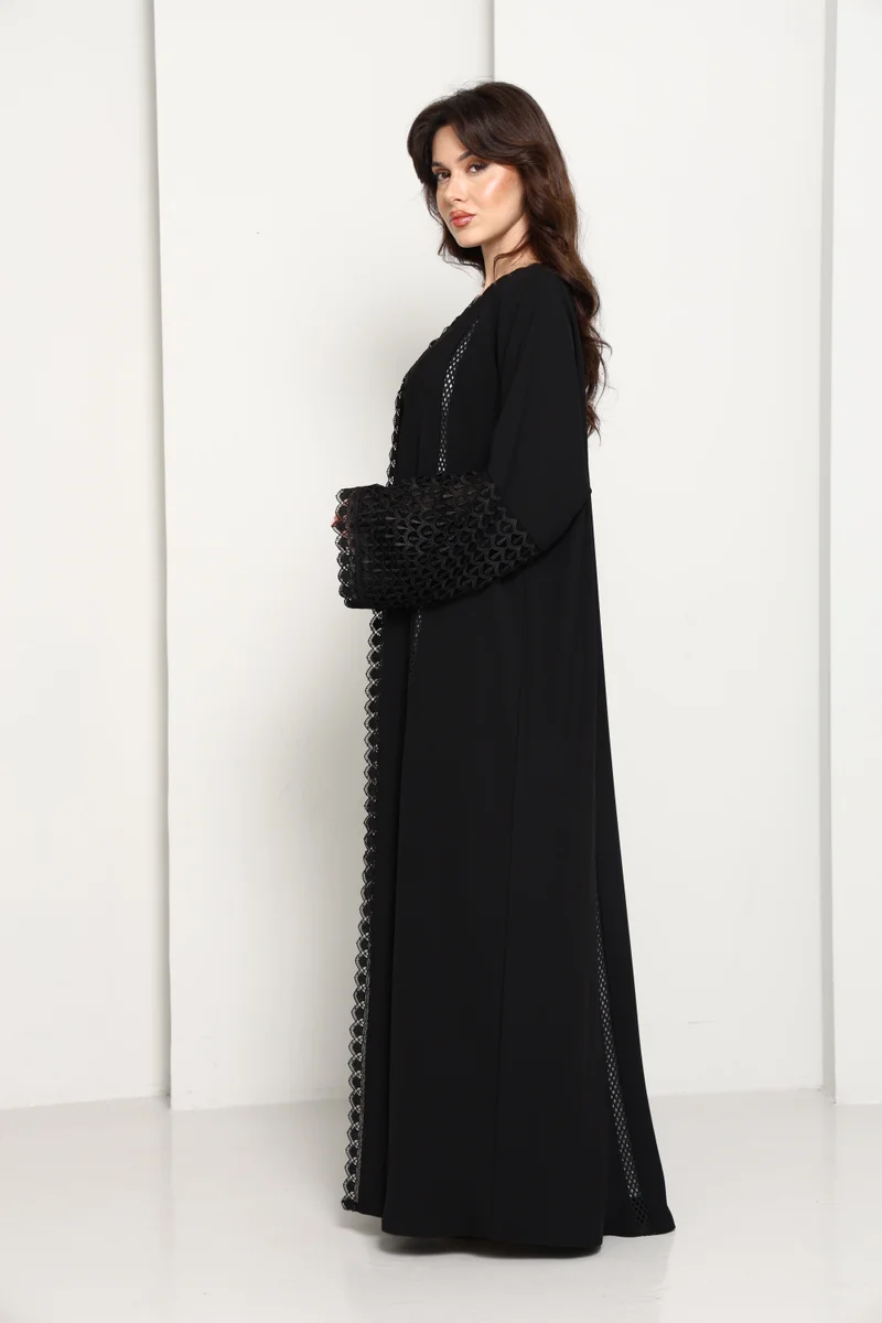MSquare Fashion  Black Open Abaya with Lace Sleeves & Front Panel for Women | Best Price UAE